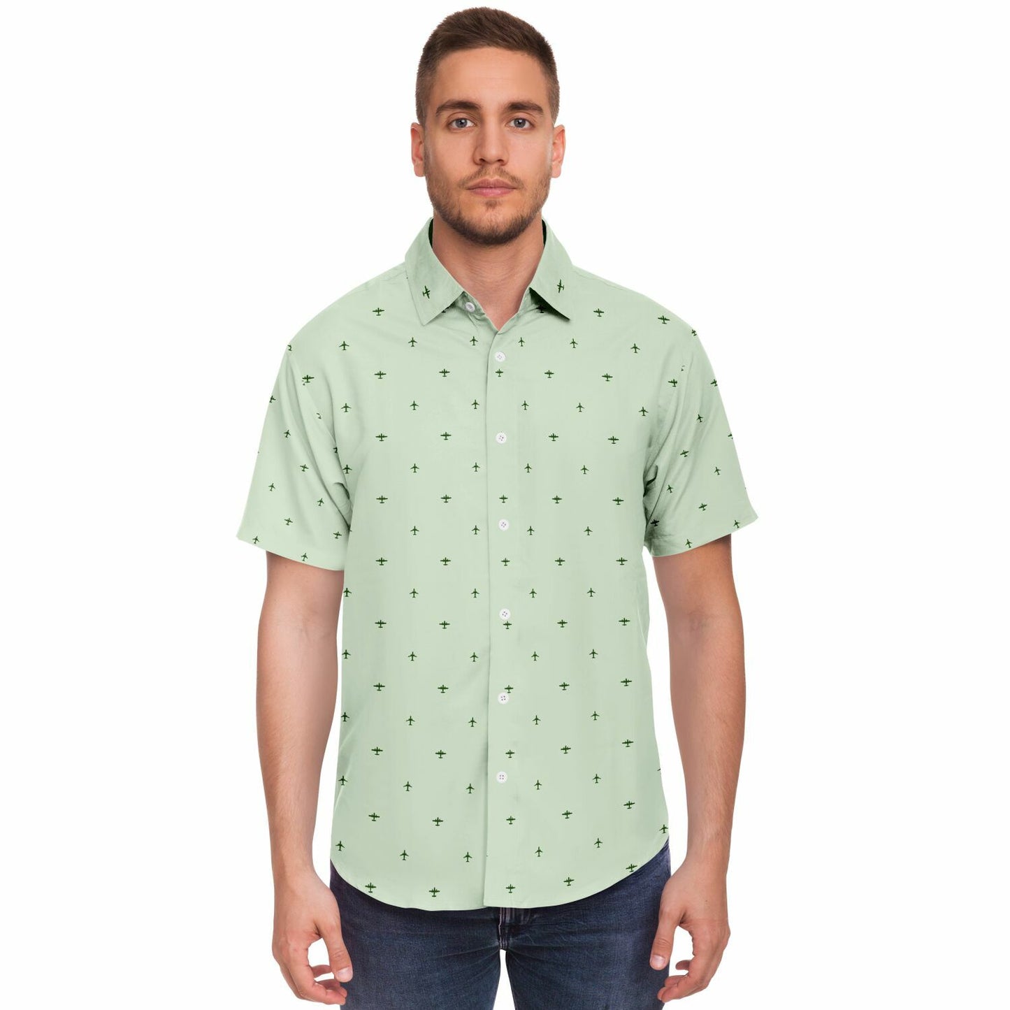 Cessna 402C and Airbus #21 and dark green Short Sleeve Button Down Shirt