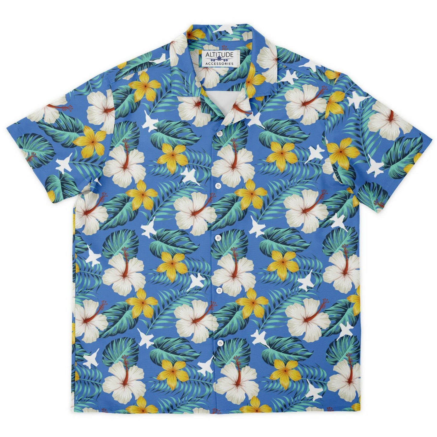 F-18 Blue Hawaiian SAMPLE ORDERED Spread Collar Short Sleeve Button-Down Shirt - AOP
