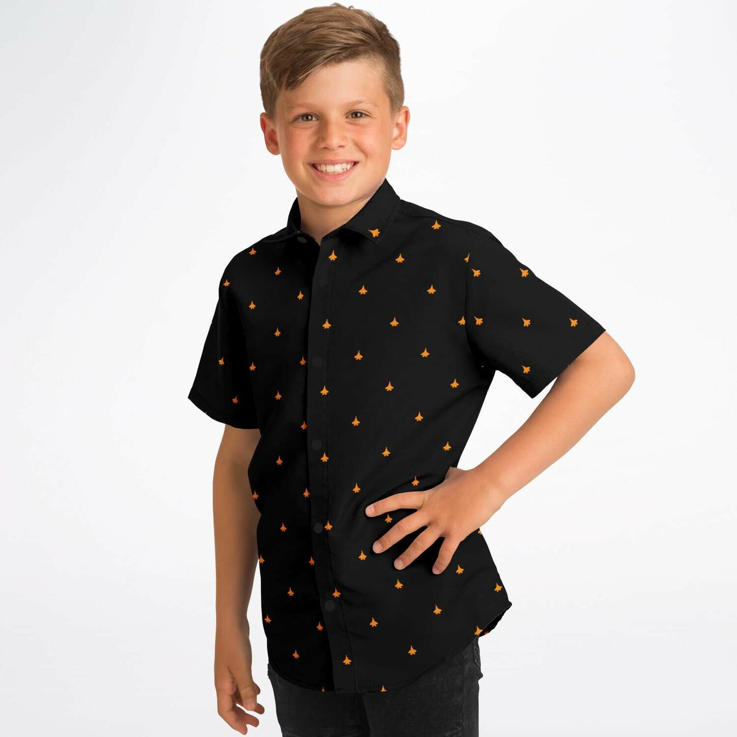 F-35C ff8a01 orange and black Kids/Youth Short Sleeve Button Down Shirt - AOP