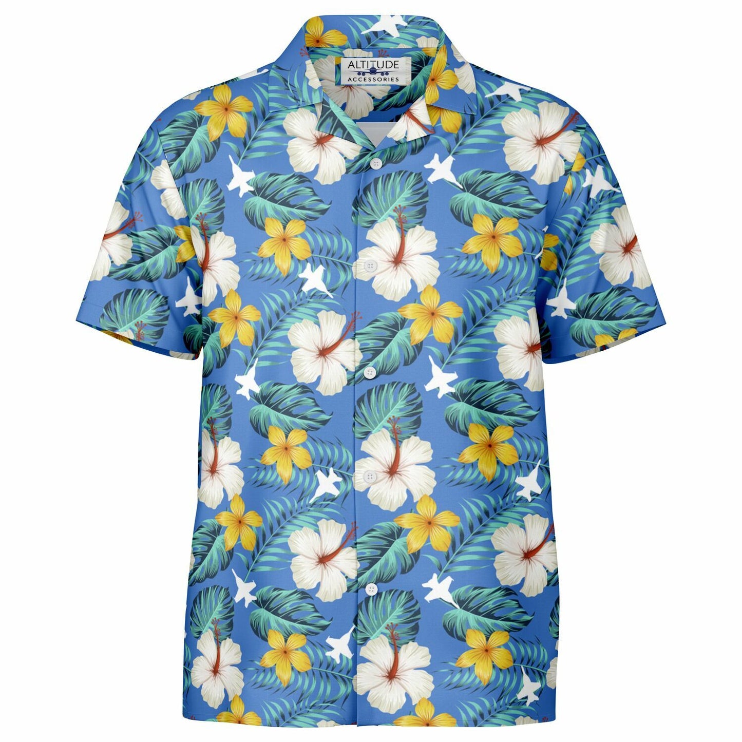 F-18 Blue Hawaiian SAMPLE ORDERED Spread Collar Short Sleeve Button-Down Shirt - AOP