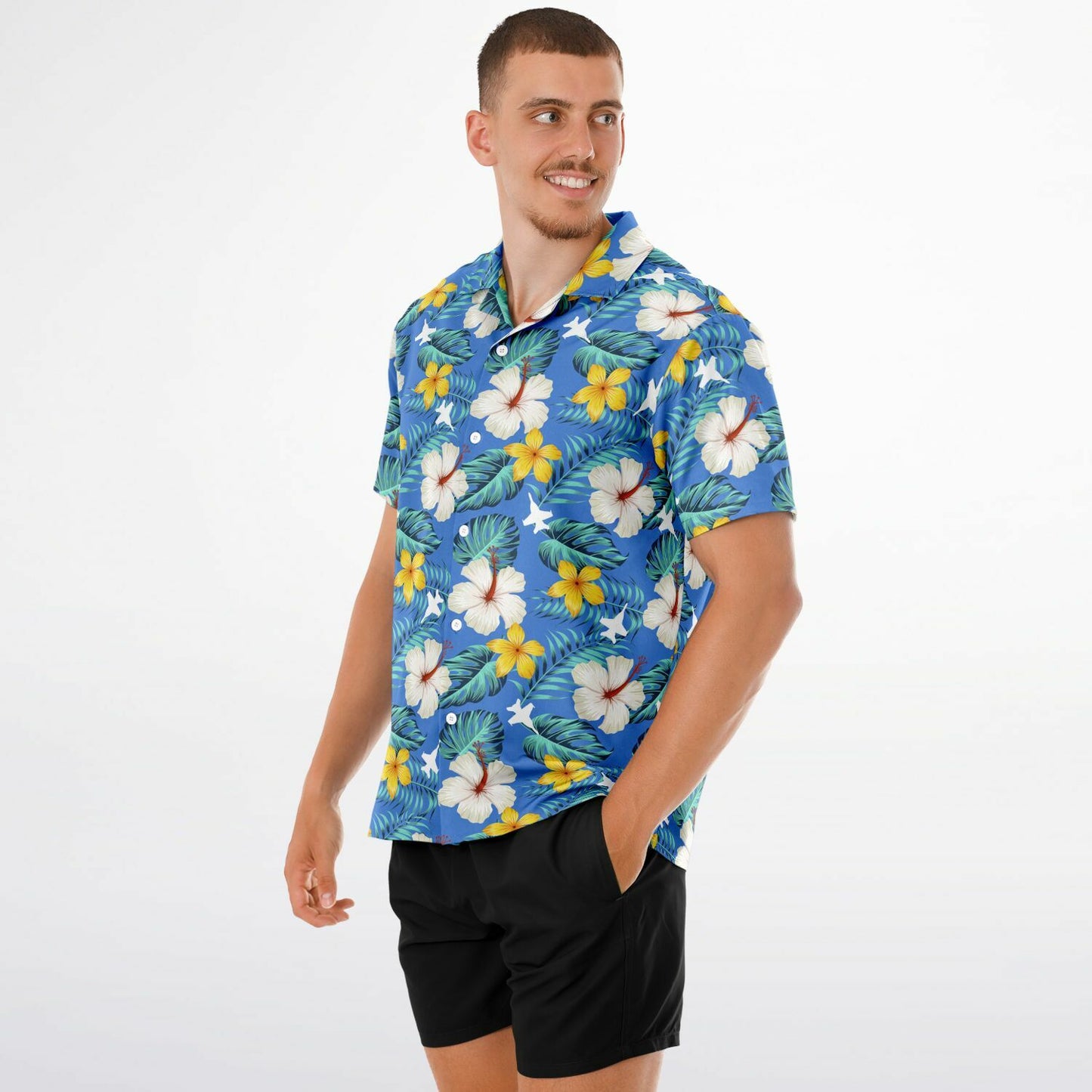 F-18 Blue Hawaiian SAMPLE ORDERED Spread Collar Short Sleeve Button-Down Shirt - AOP
