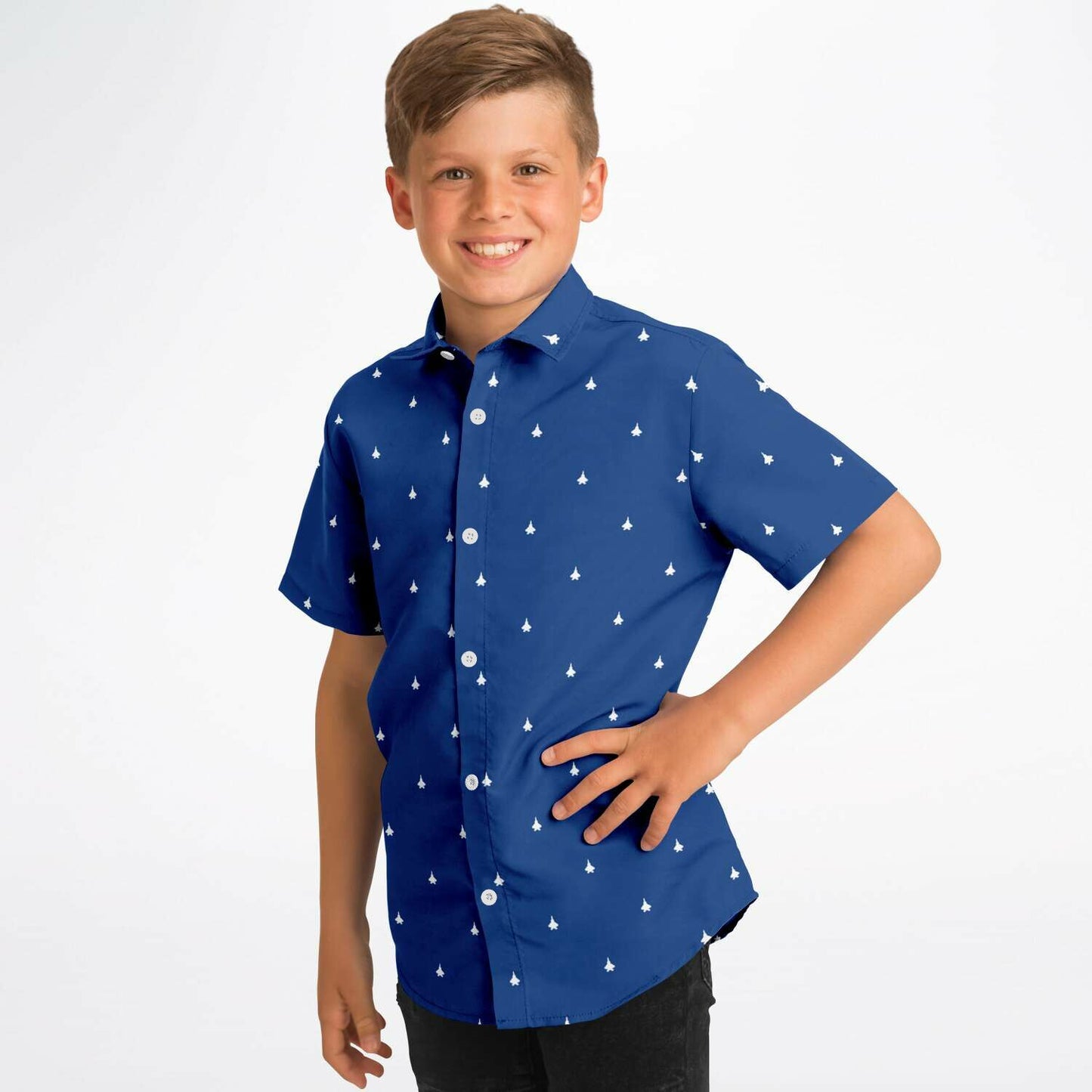 F-22 White and #64 Kids/Youth Short Sleeve Button Down Shirt - AOP