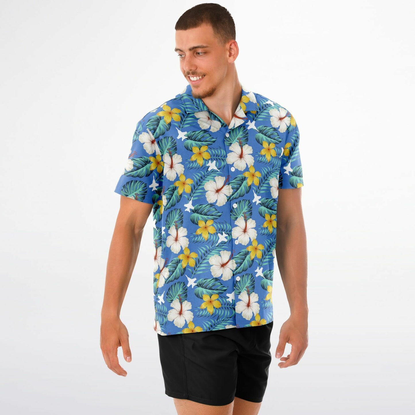 F-18 Blue Hawaiian SAMPLE ORDERED Spread Collar Short Sleeve Button-Down Shirt - AOP