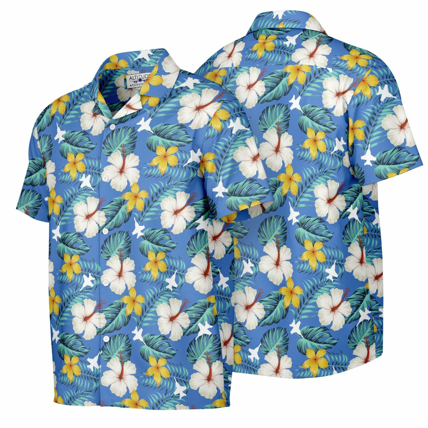 F-18 Blue Hawaiian SAMPLE ORDERED Spread Collar Short Sleeve Button-Down Shirt - AOP