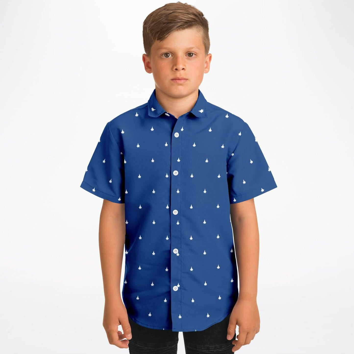 F-22 White and #64 Kids/Youth Short Sleeve Button Down Shirt - AOP