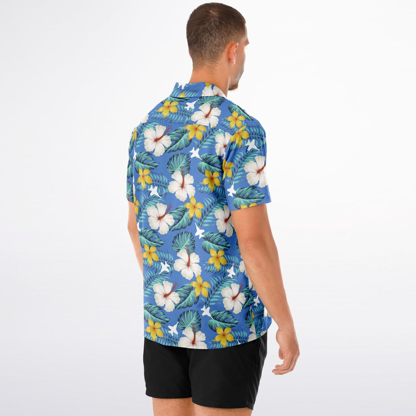 F-18 Blue Hawaiian SAMPLE ORDERED Spread Collar Short Sleeve Button-Down Shirt - AOP