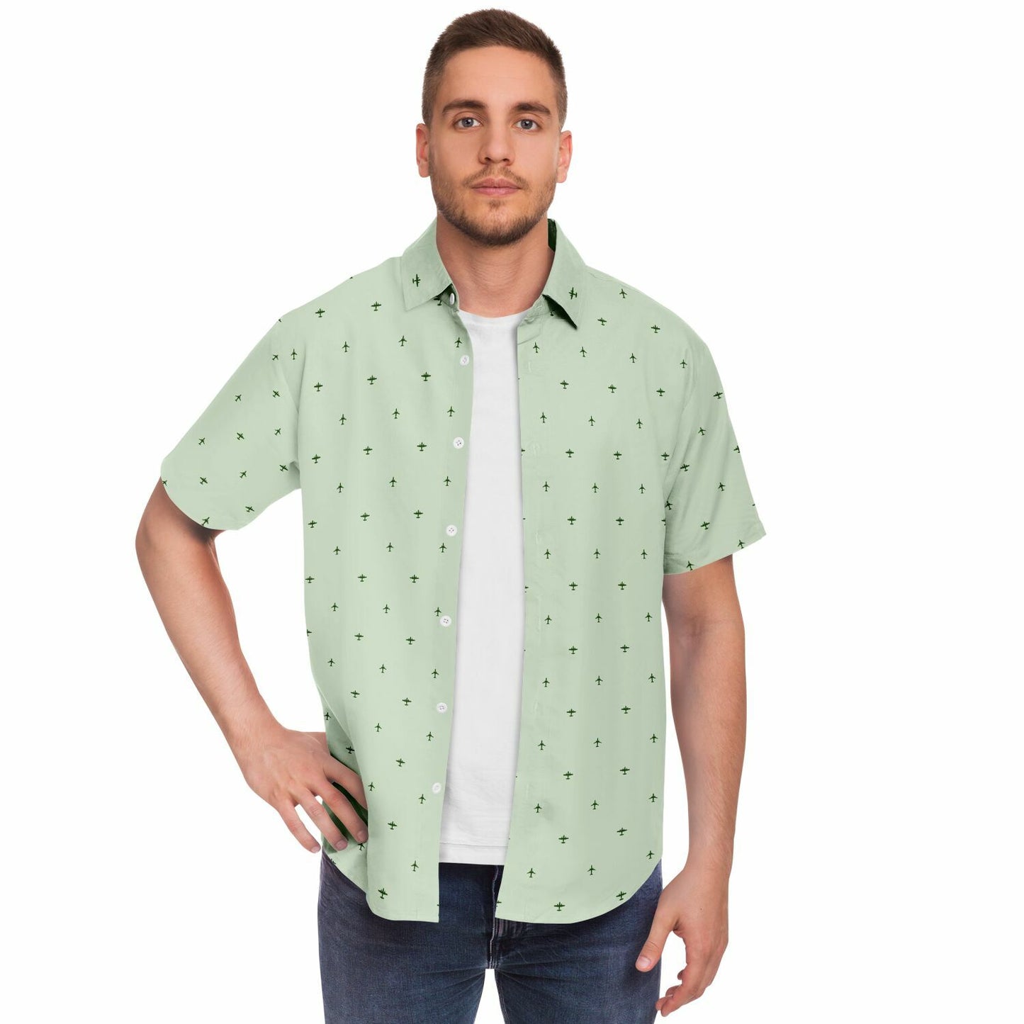 Cessna 402C and Airbus #21 and dark green Short Sleeve Button Down Shirt