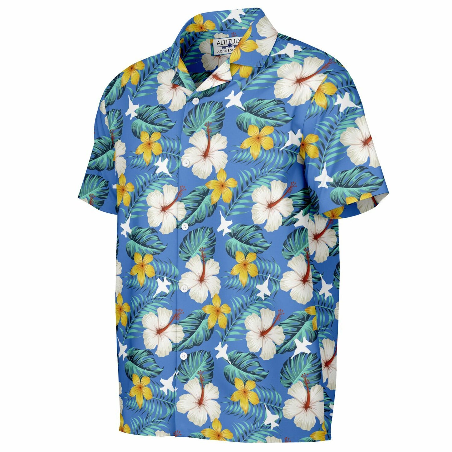 F-18 Blue Hawaiian SAMPLE ORDERED Spread Collar Short Sleeve Button-Down Shirt - AOP