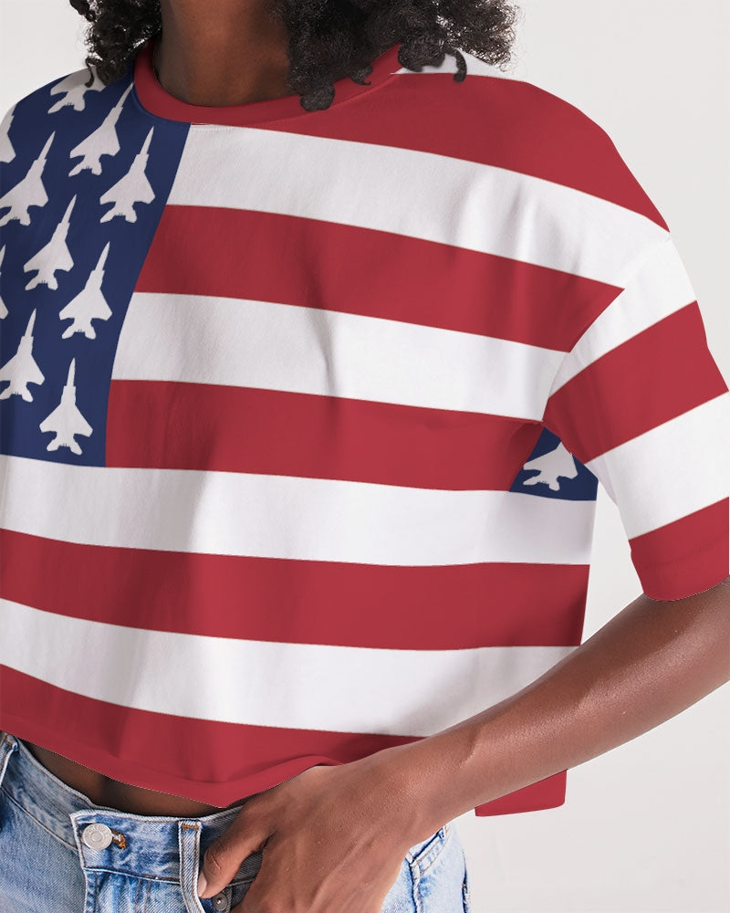 F15C American Flag Women's All-Over Print Lounge Cropped Tee