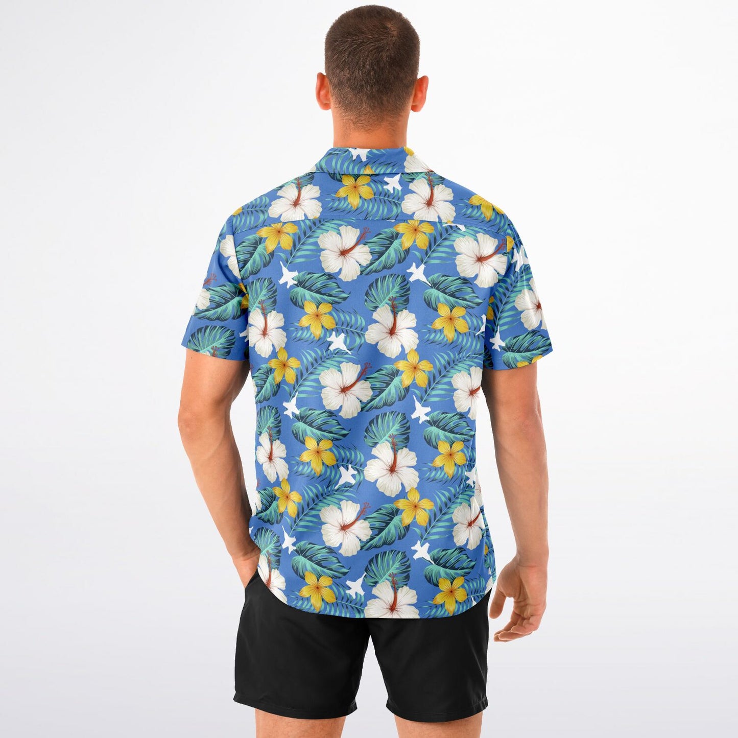 F-18 Blue Hawaiian SAMPLE ORDERED Spread Collar Short Sleeve Button-Down Shirt - AOP