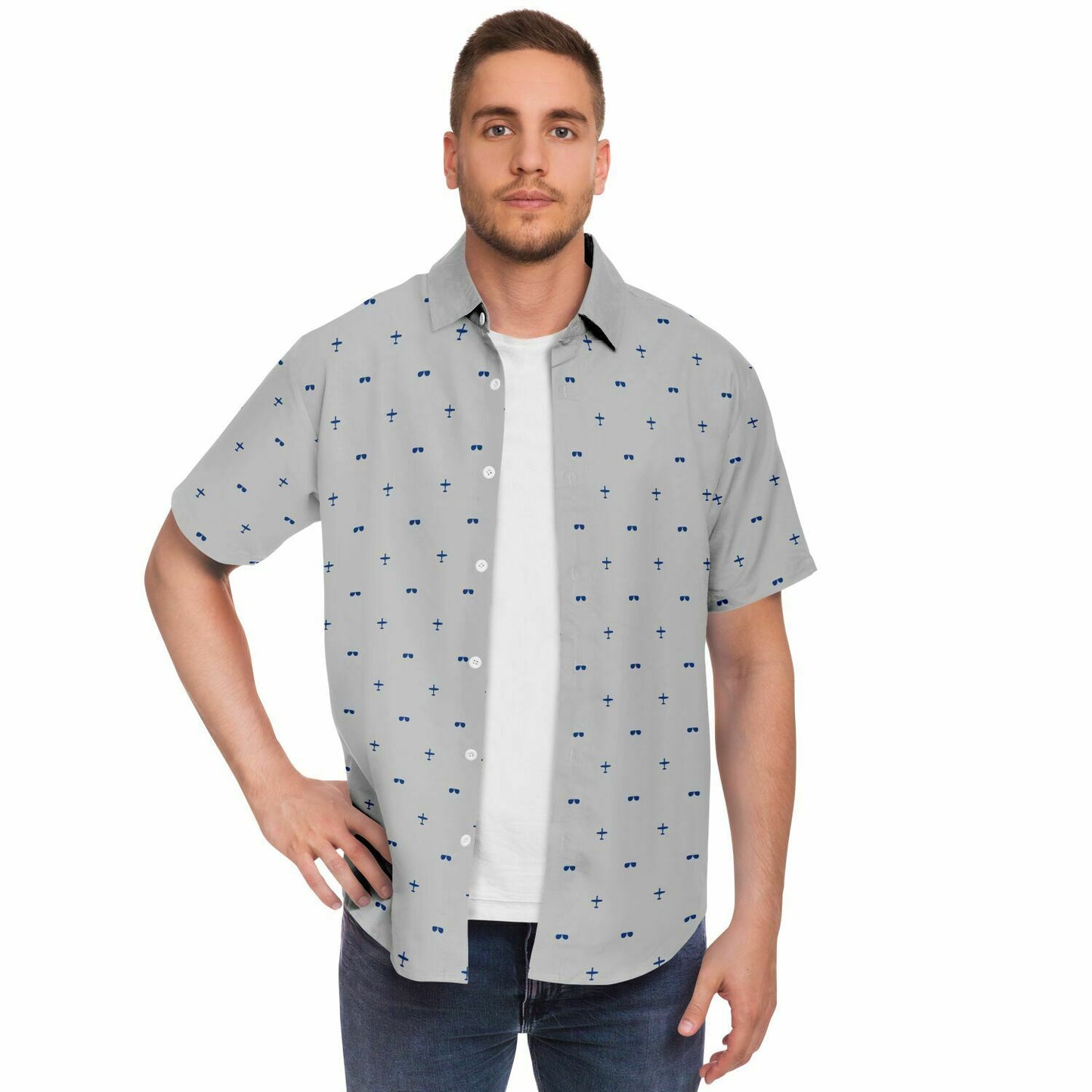 Nicholas Kellner Medium T-6 and glasses Short Sleeve Button Down Shirt - AOP