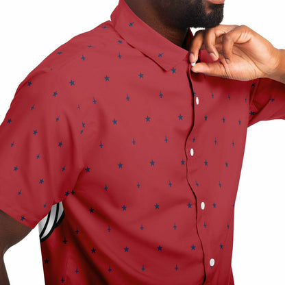 402 red example no order Short Sleeve Button Down Shirt - AOP