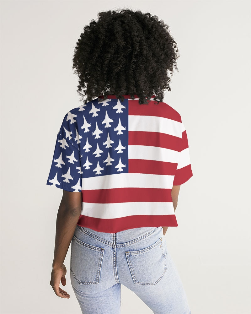 F-16 American Flag Women's All-Over Print Lounge Cropped Tee