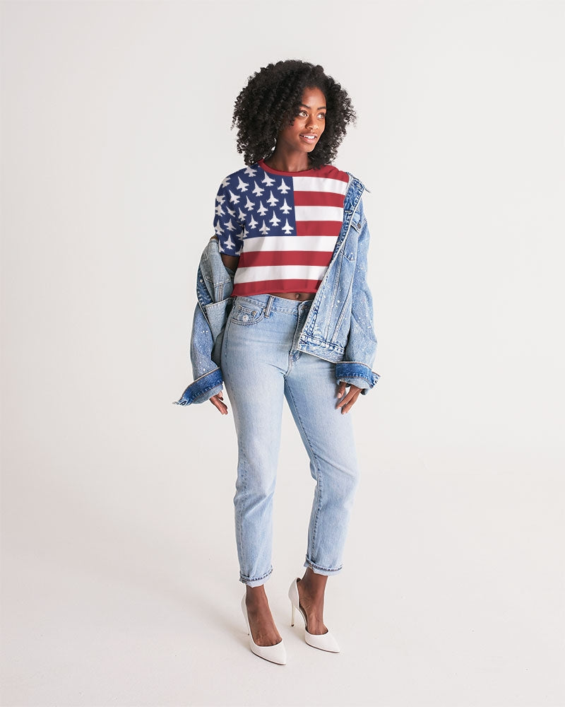 F-16 American Flag Women's All-Over Print Lounge Cropped Tee