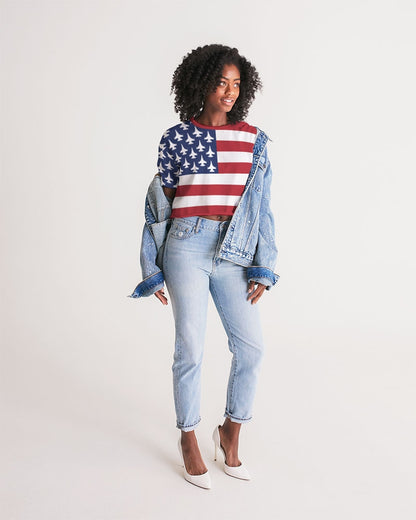 F-16 American Flag Women's All-Over Print Lounge Cropped Tee