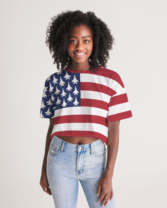 F15C American Flag  Women's All-Over Print Lounge Cropped Tee