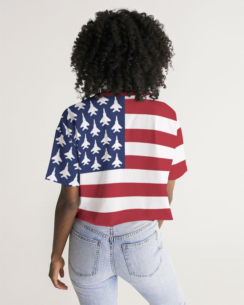 F15C American Flag  Women's All-Over Print Lounge Cropped Tee