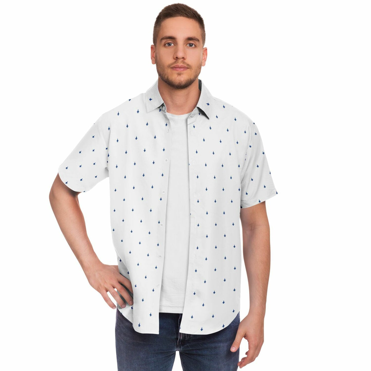 F-16 Jennifer Poston Large Short Sleeve Button Down Shirt - AOP White and #63 plane