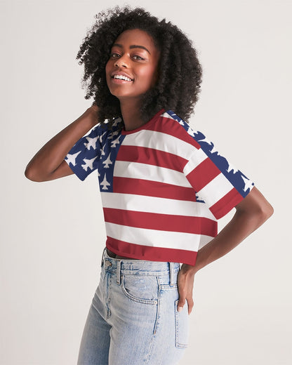 F-16 American Flag Women's All-Over Print Lounge Cropped Tee