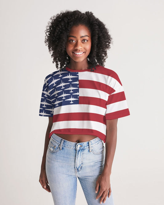 U-2 American Flag Women's All-Over Print Lounge Cropped Tee