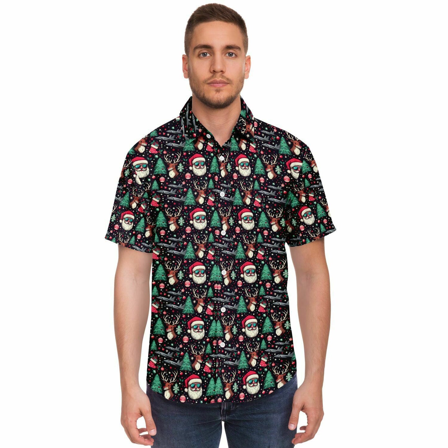 F-35 2023 Christmas Short Sleeve Button Down Shirt - AOP