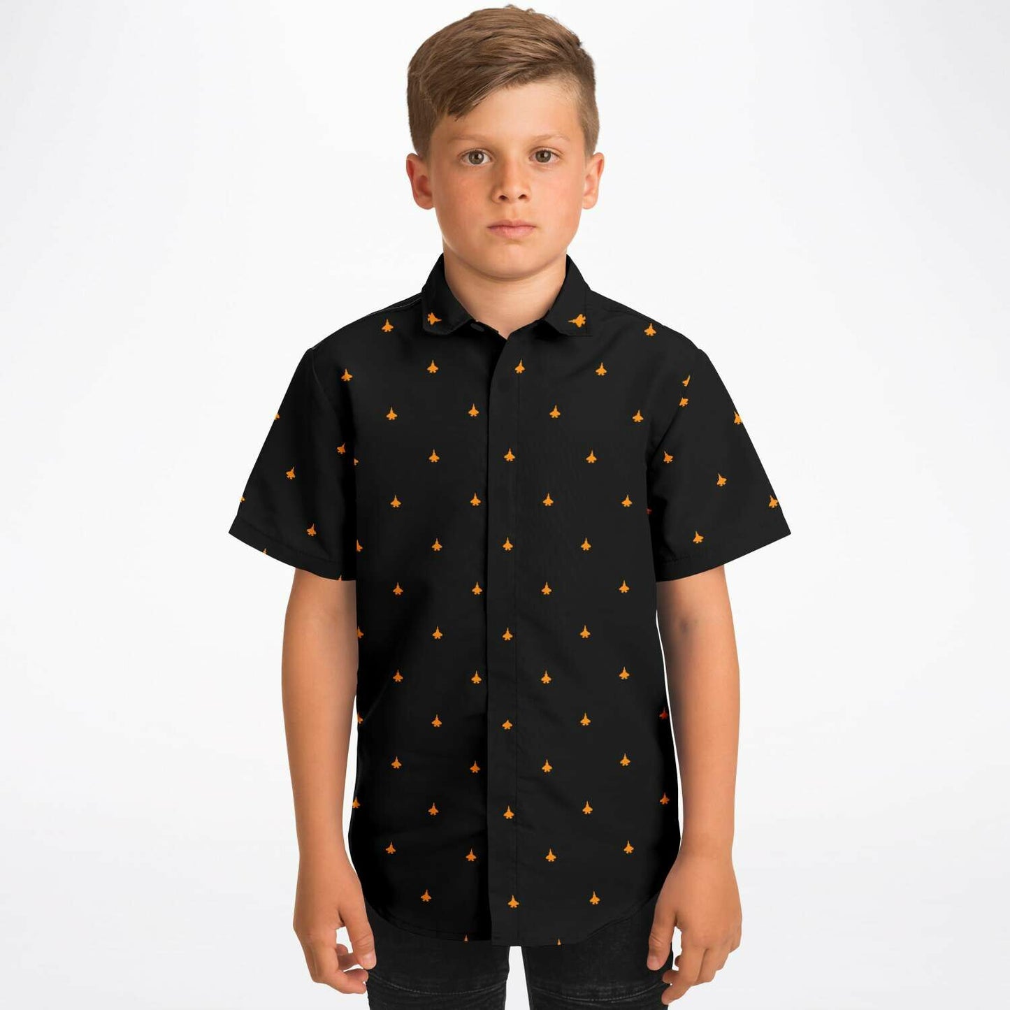F-35C ff8a01 orange and black Kids/Youth Short Sleeve Button Down Shirt - AOP