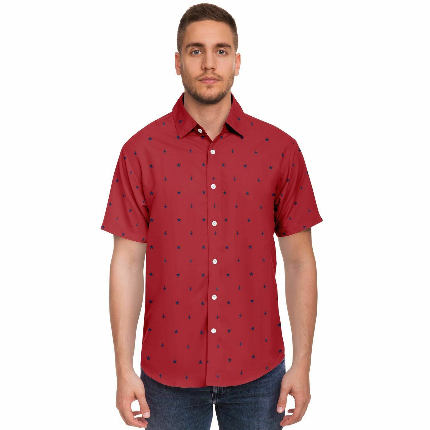 402 red example no order Short Sleeve Button Down Shirt - AOP