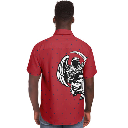 402 red example no order Short Sleeve Button Down Shirt - AOP