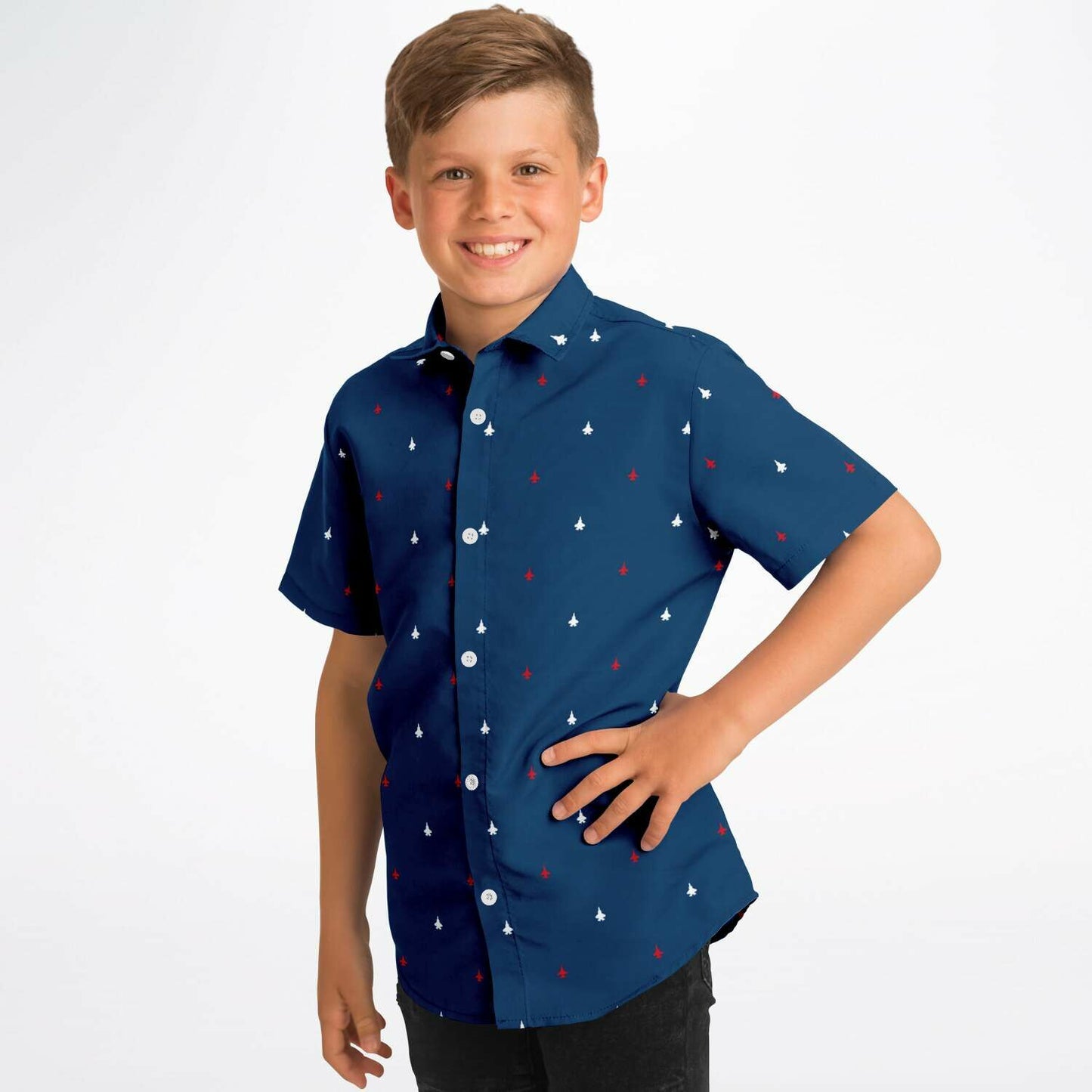 F-16 and F-35B blue base All American Kids/Youth Short Sleeve Button Down Shirt