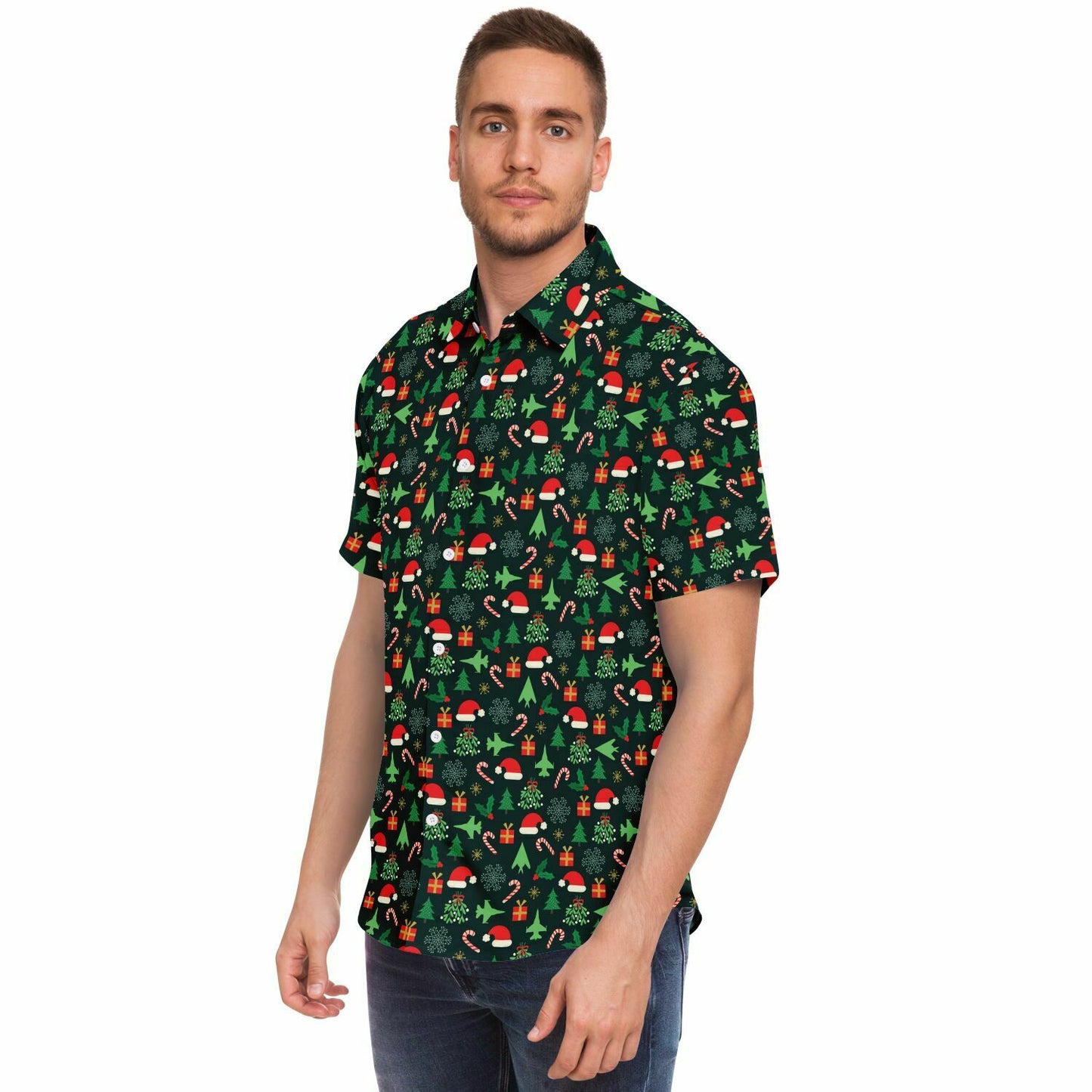 F-16 AND F-117 nighthawk Christmas Short Sleeve Button Down Shirt