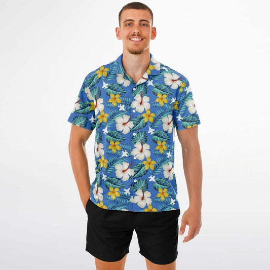 F-18 Blue Hawaiian SAMPLE ORDERED Spread Collar Short Sleeve Button-Down Shirt - AOP
