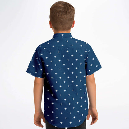 E-2D Boys #64 and white 2 inch Kids/Youth Short Sleeve Button Down Shirt - AOP