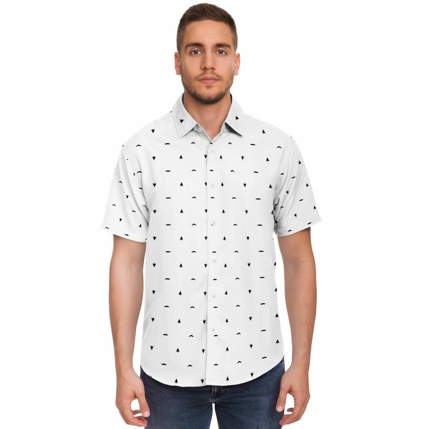 Timothy Small Large F-117 Mustache Short Sleeve Button Down Shirt - AOP